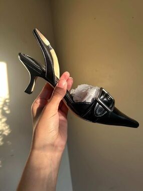 Coach Black Pointed Slingback Heel with Buckle Accent
